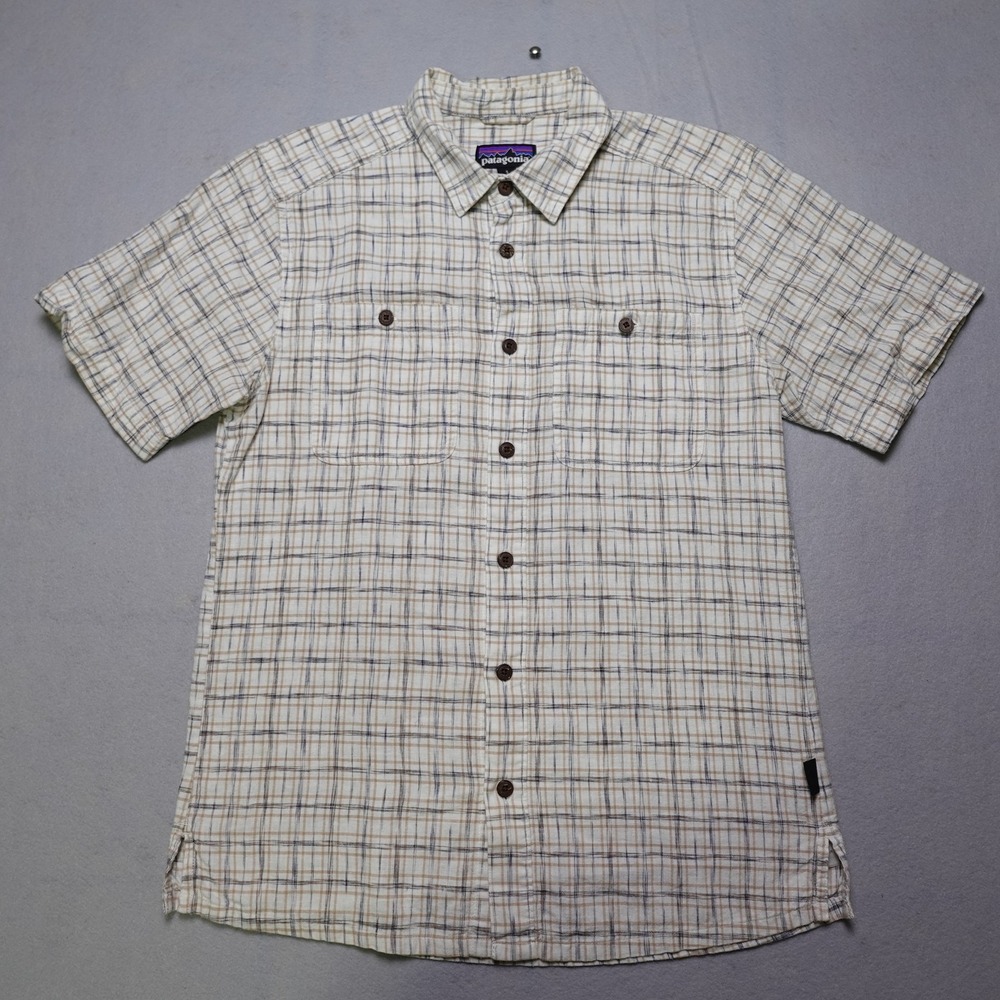 Patagonia Shirt Mens Small Beige Plaid Short Sleeve Button Up Cotton Outdoor